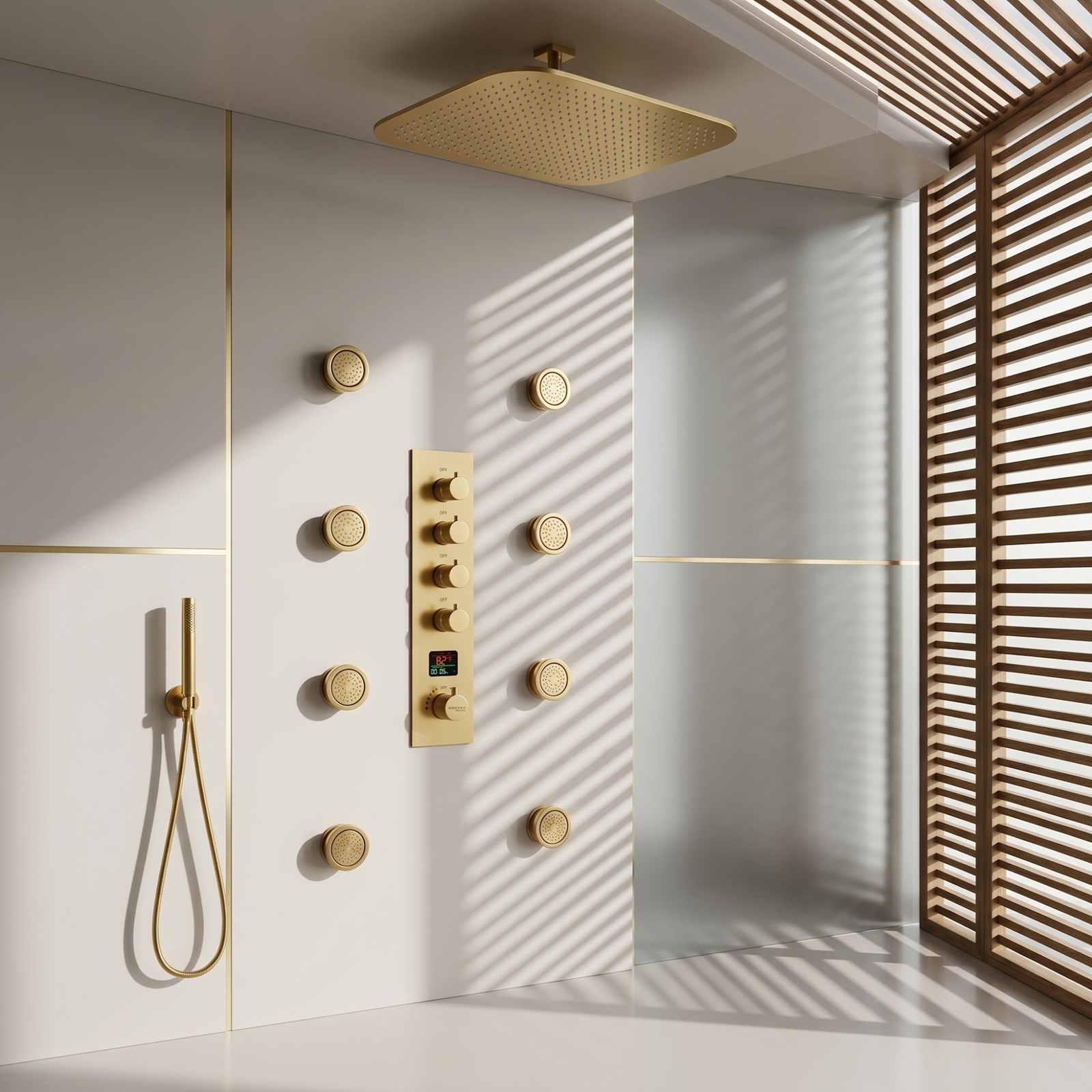 Complete ceiling shower systems with controls and body jets